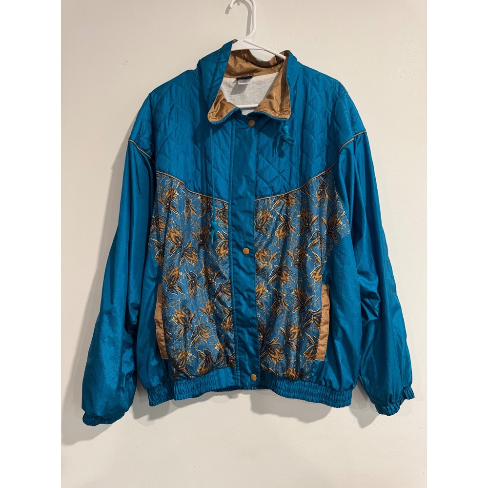 Honors‎ Vintage Floral Paisley Windbreaker Womens 1X Teal Gold Retro jacket